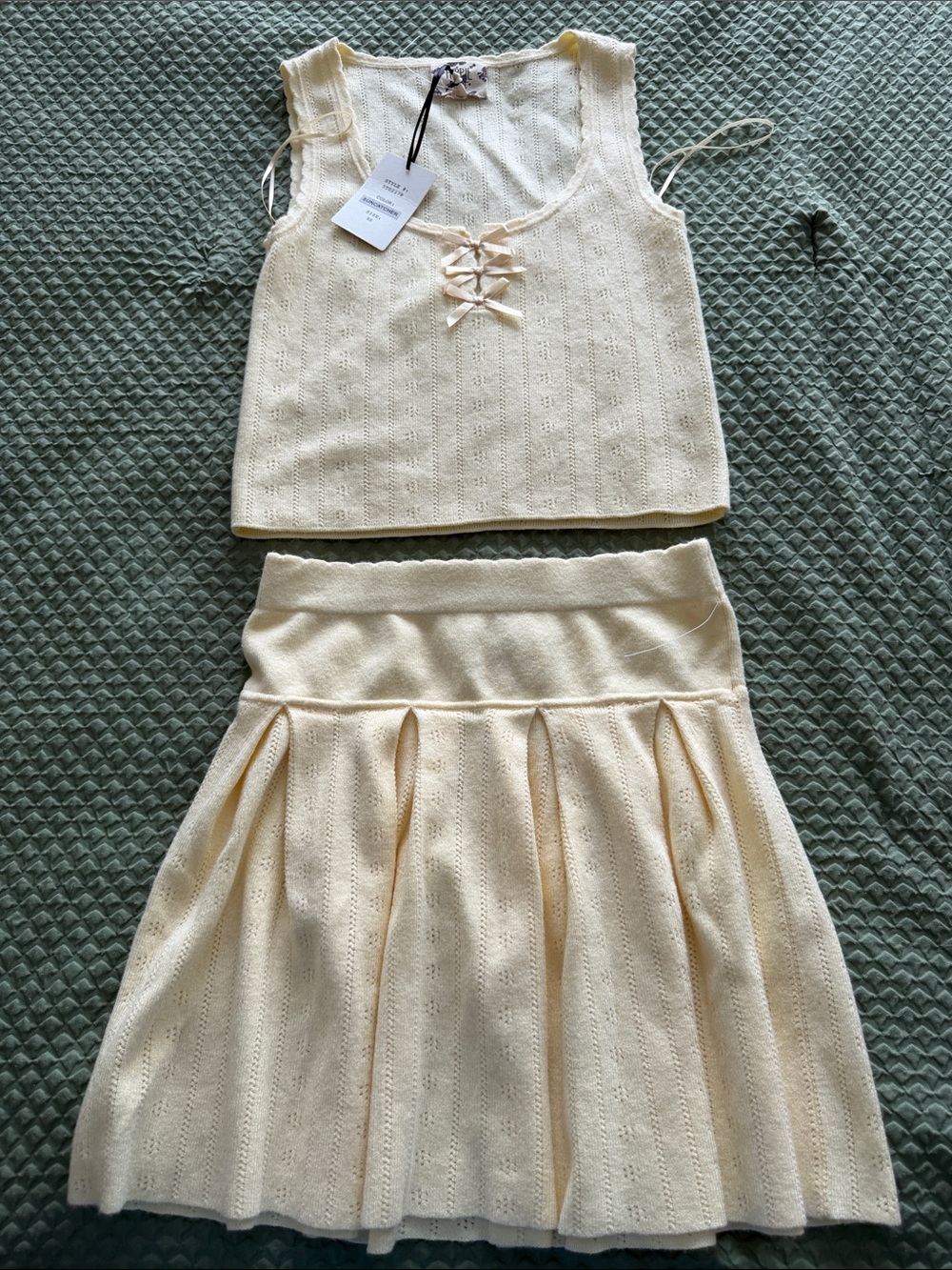 Hippie Rose Cream Lace-Up Knit Top & Pleated Skirt Set